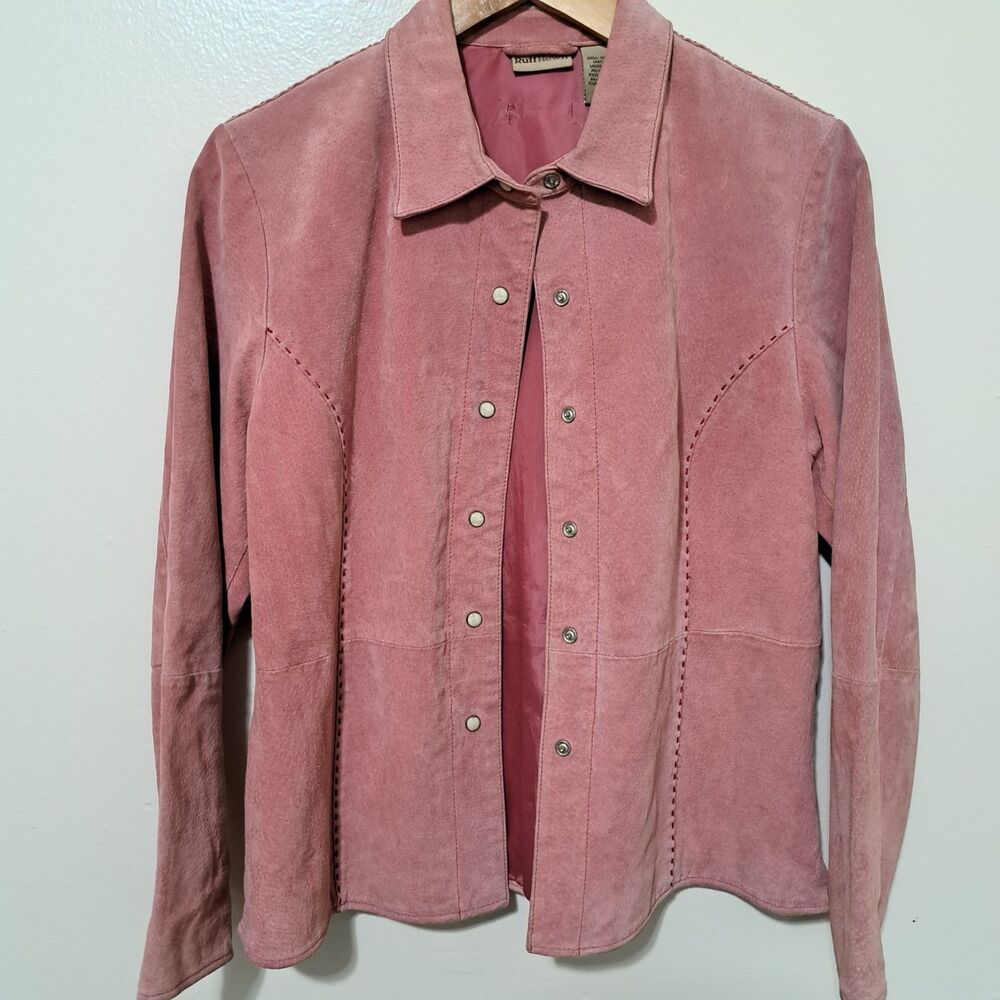 Vintage Ruffhewn Petal Light Pink Suede Leather Jacket Coat Button Up Medium Y2k